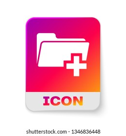 White Add new folder icon isolated on white background. New folder file sign. Copy document icon. Add attach create folder make new plus icon. Rectangle color button. Vector Illustration