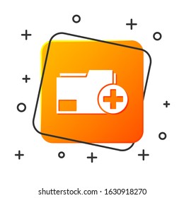 White Add new folder icon isolated on white background. New folder file. Copy document icon. Add attach create folder make new plus. Orange square button. Vector Illustration