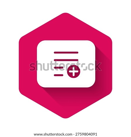 White Add to playlist icon isolated with long shadow background. Pink hexagon button. Vector