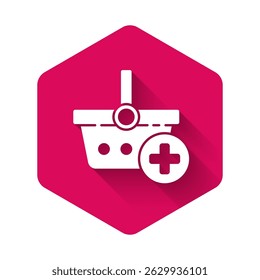 White Add to Shopping basket icon isolated with long shadow. Online buying concept. Delivery service. Supermarket basket symbol. Pink hexagon button. Vector Illustration