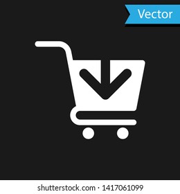 White Add to Shopping cart icon isolated on black background. Online buying concept. Delivery service sign. Supermarket basket symbol. Vector Illustration