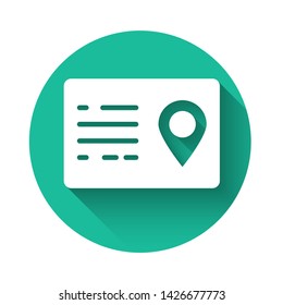 White Address book icon isolated with long shadow. Telephone directory. Green circle button. Vector Illustration