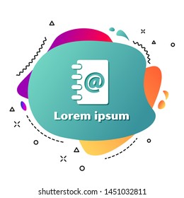 White Address book icon isolated on white background. Notebook, address, contact, directory, phone, telephone book icon. Abstract banner with liquid shapes. Vector Illustration