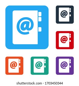 White Address book icon isolated on white background. Notebook, address, contact, directory, phone, telephone book icon. Set icons in color square buttons. Vector Illustration