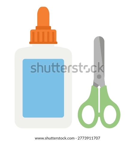 White adhesive glue with orange cap, green handled craft scissors, art supplies for education, creative hobby tools.