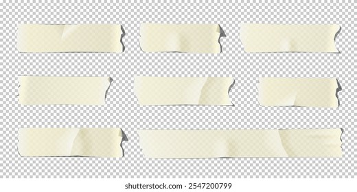 White adhesive paper tape set isolated on transparent background. Torn sticky pieces. Collection of vector realistic different masking tape pieces.