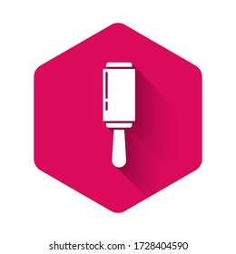 White Adhesive roller for cleaning clothes icon isolated with long shadow. Getting rid of debris, dust, hair, fluff, pet wool. Pink hexagon button. Vector Illustration