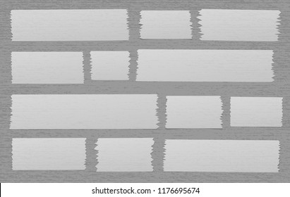 White adhesive, sticky, masking, duct tape strips for text on gray spotted background. Vector illustration.