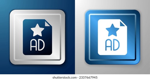 White Advertising icon isolated on blue and grey background. Concept of marketing and promotion process. Responsive ads. Social media advertising. Silver and blue square button. Vector