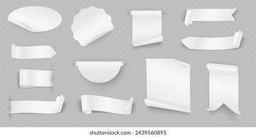 Conjunto de ilustración vectorial realista de etiquetas publicitarias blancas. Anuncio sobre insignias de eventos y cintas modelos 3d sobre fondo transparente.