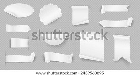 White advertising tags realistic vector illustration set. Announcing about event badges and ribbons 3d models on transparent background.