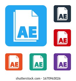White AE file document icon isolated on white background. Set icons in color square buttons. Vector Illustration