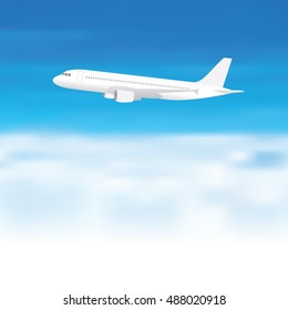 White aeroplane on blue sky clouds background, airplane flying above haze space, aircraft fly over smoke fog.