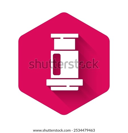 White Aeropress coffee method icon isolated with long shadow. Device for brewing coffee. Pink hexagon button. Vector