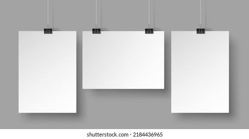 White affiche blank mockup. Clean isolated wallpaper, advertising hanging banner for presentation, posters and photo canvas. Vector illustration