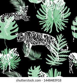 white african animals  on tropical leaves, seamless pattern for textile texture