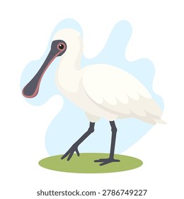 White African spoonbill illustration featuring Platalea alba standing gracefully with pastel shapes, African spoonbill artwork highlighting Platalea alba.