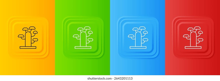 White African tree icon isolated on colorful background. Baobab, acacia and other. Set icons in square buttons. Vector