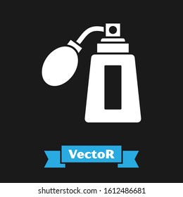 White Aftershave bottle with atomizer icon isolated on black background. Cologne spray icon. Male perfume bottle.  Vector Illustration