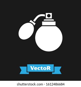 White Aftershave bottle with atomizer icon isolated on black background. Cologne spray icon. Male perfume bottle.  Vector Illustration