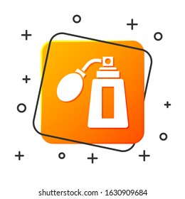 White Aftershave bottle with atomizer icon isolated on white background. Cologne spray icon. Male perfume bottle. Orange square button. Vector Illustration