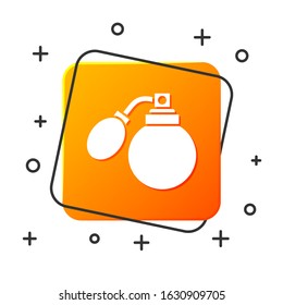White Aftershave bottle with atomizer icon isolated on white background. Cologne spray icon. Male perfume bottle. Orange square button. Vector Illustration