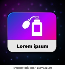White Aftershave bottle with atomizer icon isolated on black background. Cologne spray icon. Male perfume bottle. Rectangle color button. Vector Illustration
