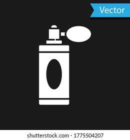 White Aftershave bottle with atomizer icon isolated on black background. Cologne spray icon. Male perfume bottle. Vector Illustration