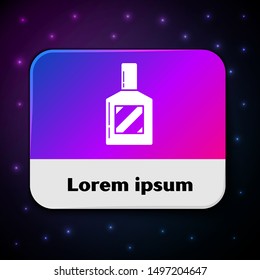 White Aftershave icon isolated on black background. Cologne spray icon. Male perfume bottle. Rectangle color button. Vector Illustration