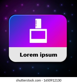 White Aftershave icon isolated on black background. Cologne spray icon. Male perfume bottle. Rectangle color button. Vector Illustration