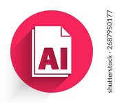 White AI file document. Download ai button icon isolated with long shadow. AI file symbol. Red circle button. Vector Illustration