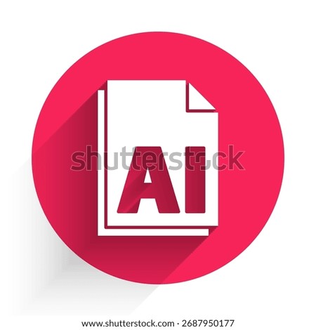 White AI file document. Download ai button icon isolated with long shadow. AI file symbol. Red circle button. Vector Illustration