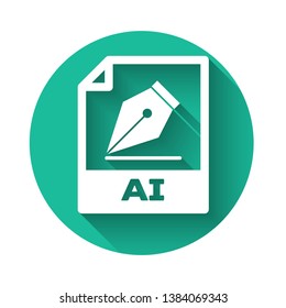 White AI file document icon. Download ai button icon isolated with long shadow. AI file symbol. Green circle button. Vector Illustration