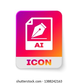 White AI file document icon. Download ai button icon isolated on white background. AI file symbol. Rectangle color button. Vector Illustration