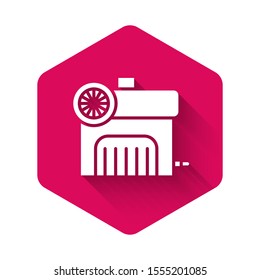 White Air compressor icon isolated with long shadow. Pink hexagon button. Vector Illustration