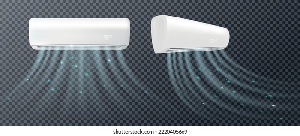 White air conditioner with flows of cold wind realistic set isolated on transparent background vector illustration