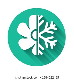 White Air conditioner icon isolated with long shadow. Green circle button. Vector Illustration