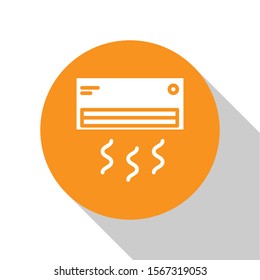 White Air conditioner icon isolated on white background. Split system air conditioning. Cool and cold climate control system. Orange circle button. Vector Illustration