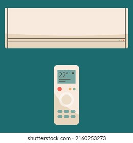 Acondicionador de aire blanco aislado sobre fondo azul en estilo vectorial. Ilustración sobre equipos eléctricos en casa.