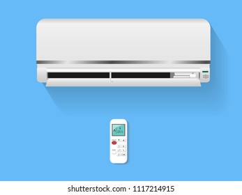 White air conditioner with remote control open cooled to 25 degrees celsius  isolated on blue background,Electrical machine of home appliances,Vector Illustration