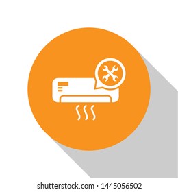 White Air conditioner with screwdriver and wrench icon isolated on white background. Adjusting, service, setting, maintenance, repair, fixing. Orange circle button. Vector Illustration