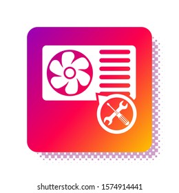 White Air conditioner with screwdriver and wrench icon isolated on white background. Adjusting, service, setting, maintenance, repair, fixing. Square color button. Vector Illustration
