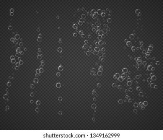 White air effervescent bubbles rise from the depths of the ocean, sea or soda pop, champagne glass isolated on a transparent background. Champagne fizzy on black closeup. Vector illustration underwate