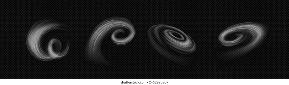 White air flow effect on transparent background. Realistic vector illustration set of fresh cold wind blowing wave and swirl. Clean cool breeze stream. Vacuum cleaner or condition suction trail.