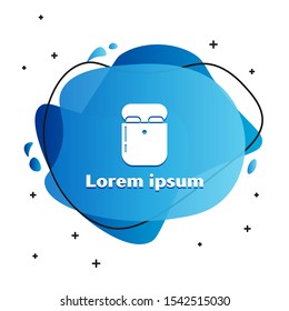 White Air headphones in box icon icon isolated on white background. Holder wireless in case earphones garniture electronic gadget. Abstract banner with liquid shapes. Vector Illustration