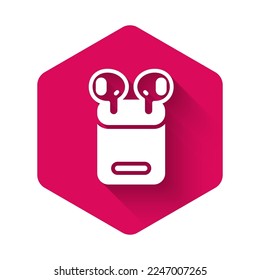 White Air headphones in box icon isolated with long shadow. Holder wireless in case earphones garniture electronic gadget. Pink hexagon button. Vector
