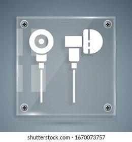 White Air headphones icon icon isolated on grey background. Holder wireless in case earphones garniture electronic gadget. Square glass panels. Vector Illustration
