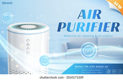 White air purifier machine for home. Fresh air flows out of air purifier machine in living room