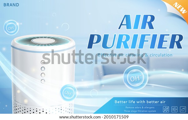 White air purifier machine for\
home. Fresh air flows out of air purifier machine in living\
room