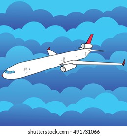 The white aircraft  in the air, flying among in the many clouds forms, illustrations and vectors.